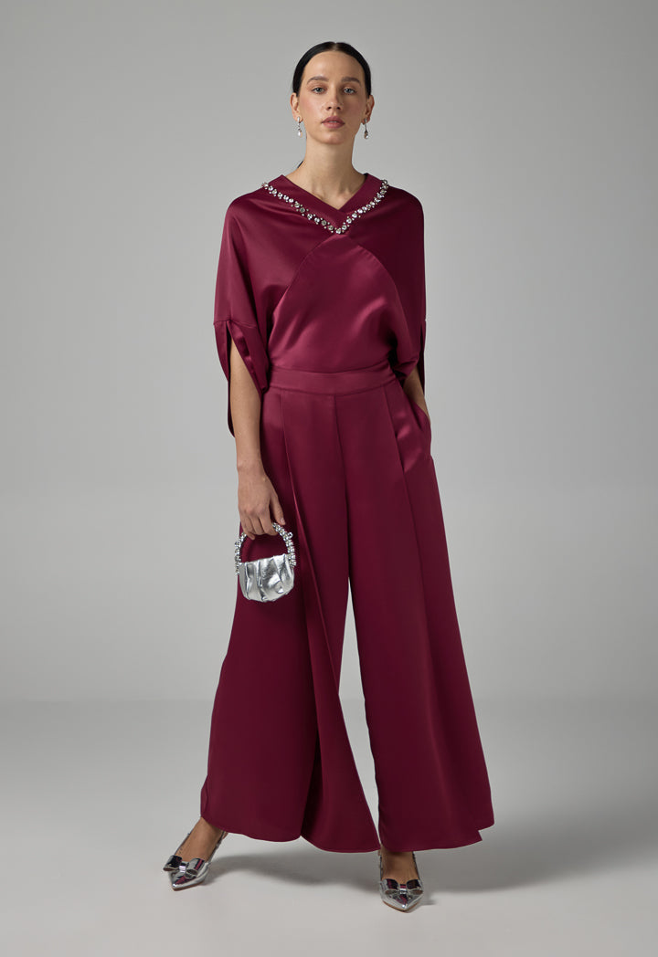 Choice Elastic Waist Palazzo Trousers Burgundy