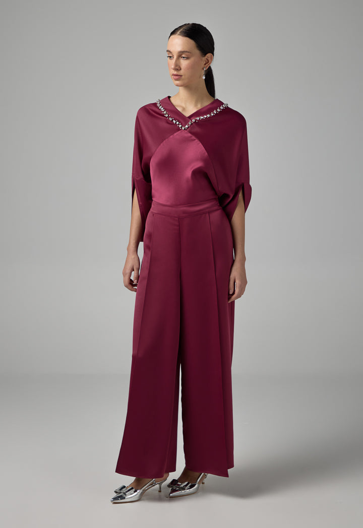 Choice Elastic Waist Palazzo Trousers Burgundy