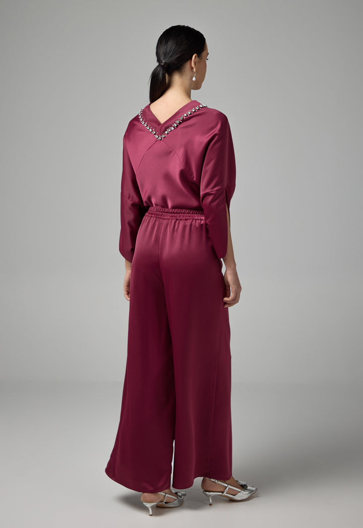 Choice Elastic Waist Palazzo Trousers Burgundy