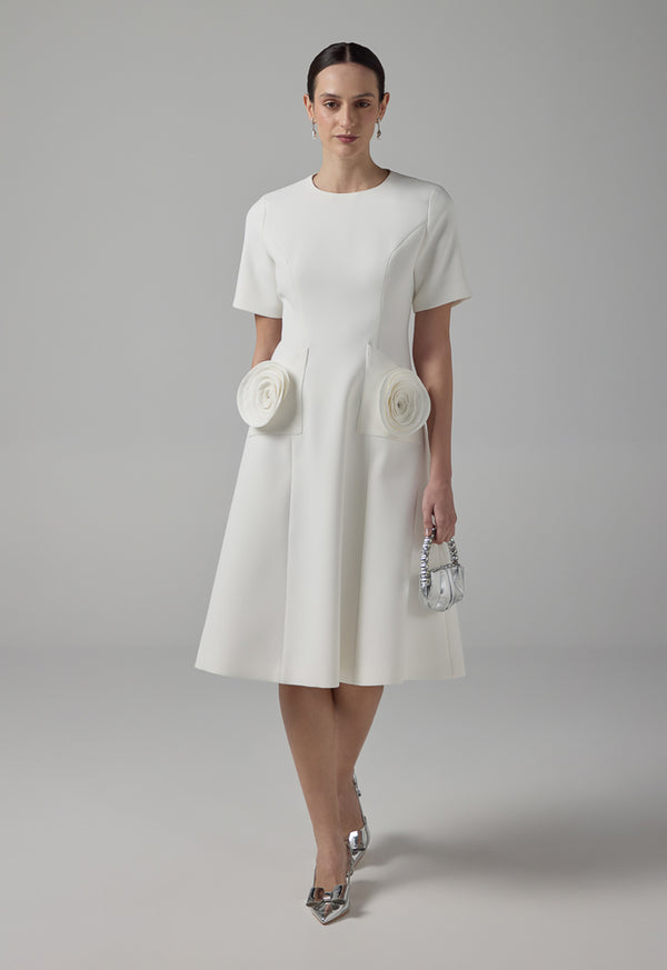 Choice Solid 3D Flowers Patch Midi Dress Off White