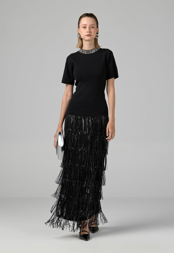 Choice Crystal Embellished Knitted T-Shirt Black