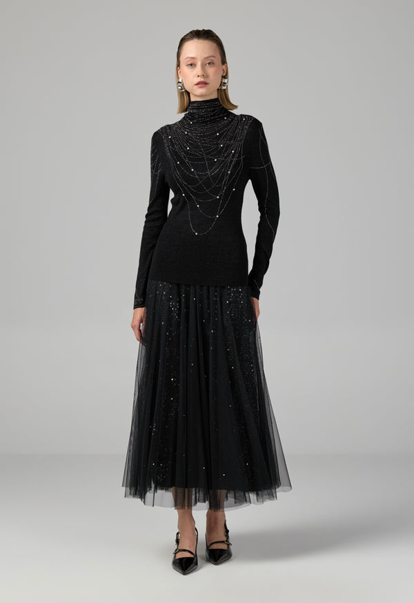 Choice Solid Crystal Embellished Knitted Top Black