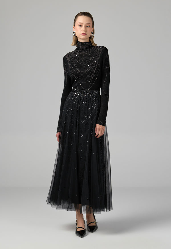 Choice Sequins Mesh Flared Skirt Black