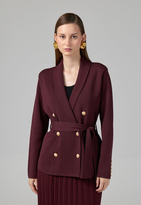 Choice Front Pockets Knitted Belted Jacket Burgundy