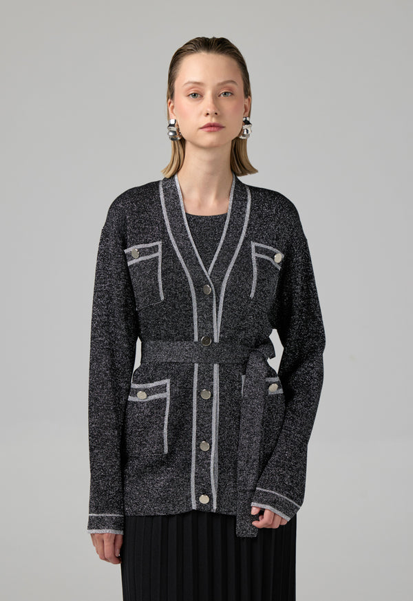 Choice Long Sleeves Knitted Belted Cardigan Black