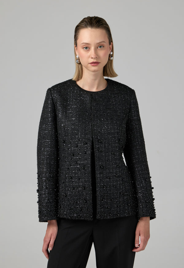 Choice Pearl Embellished Tweed Jacket Black