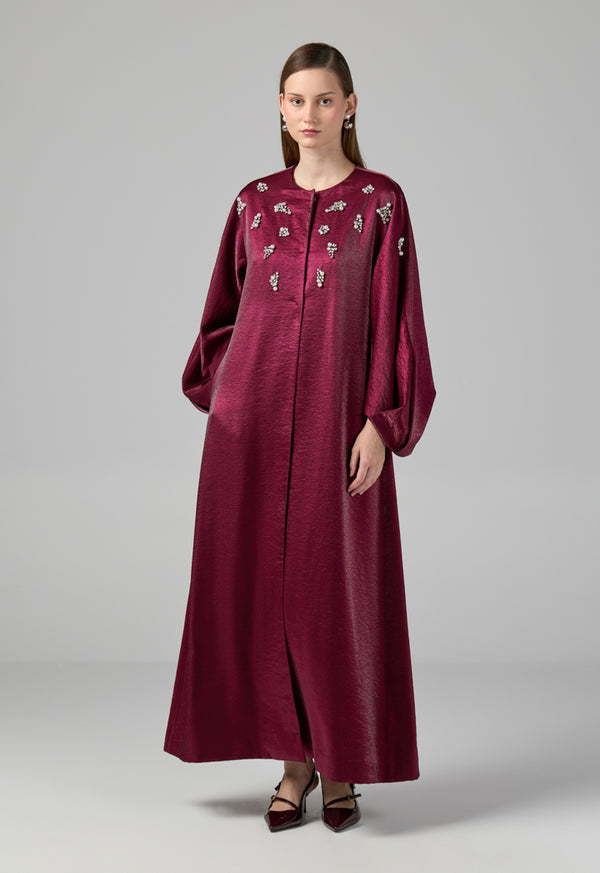 Choice Solid Crystal Pearl Embellished Maxi Coat Cherry