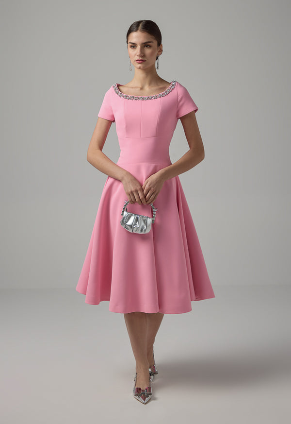 Choice Crystal Embellished Short Sleeves Midi Dress Pink