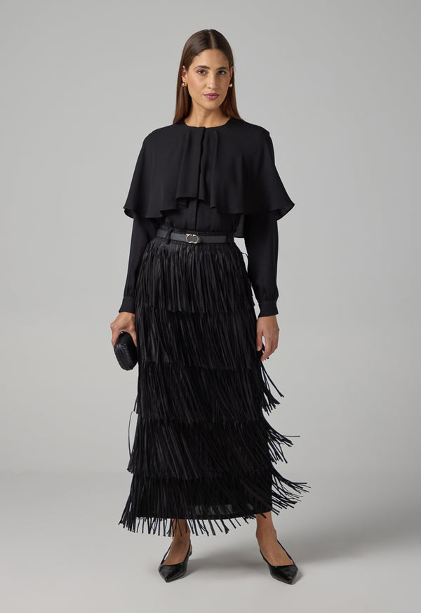 Choice Solid Pleated Fringe Maxi Skirt Black