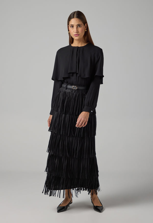 Choice Solid Pleated Fringe Maxi Skirt Black
