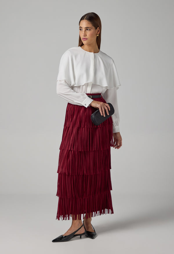 Choice Solid Pleated Fringe Maxi Skirt Burgundy