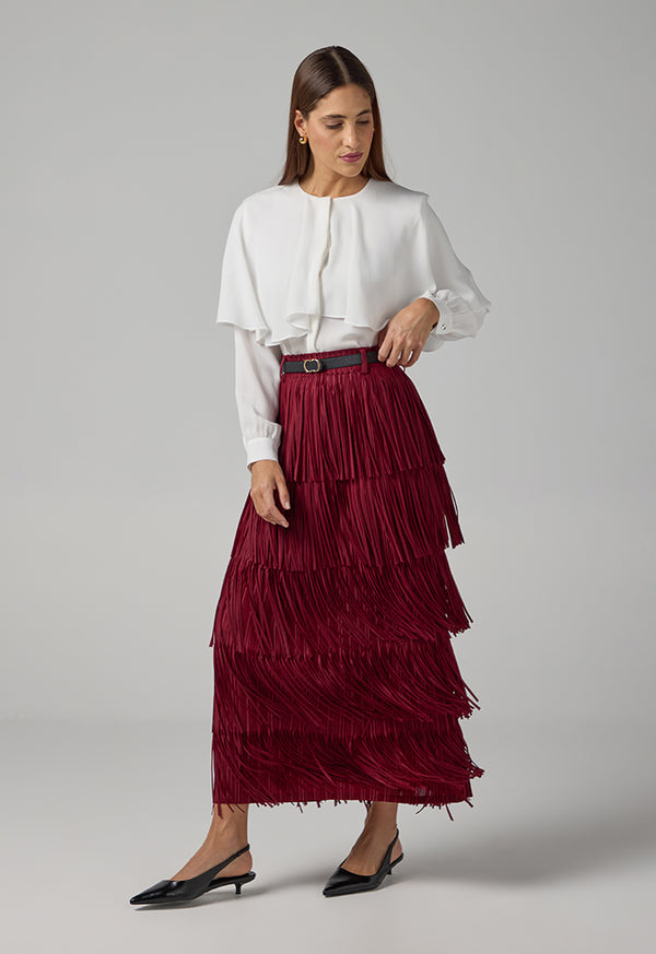 Choice Solid Pleated Fringe Maxi Skirt Burgundy