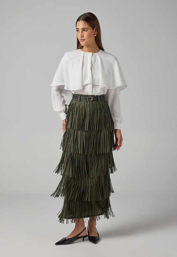 Choice Solid Pleated Fringe Maxi Skirt Khaki