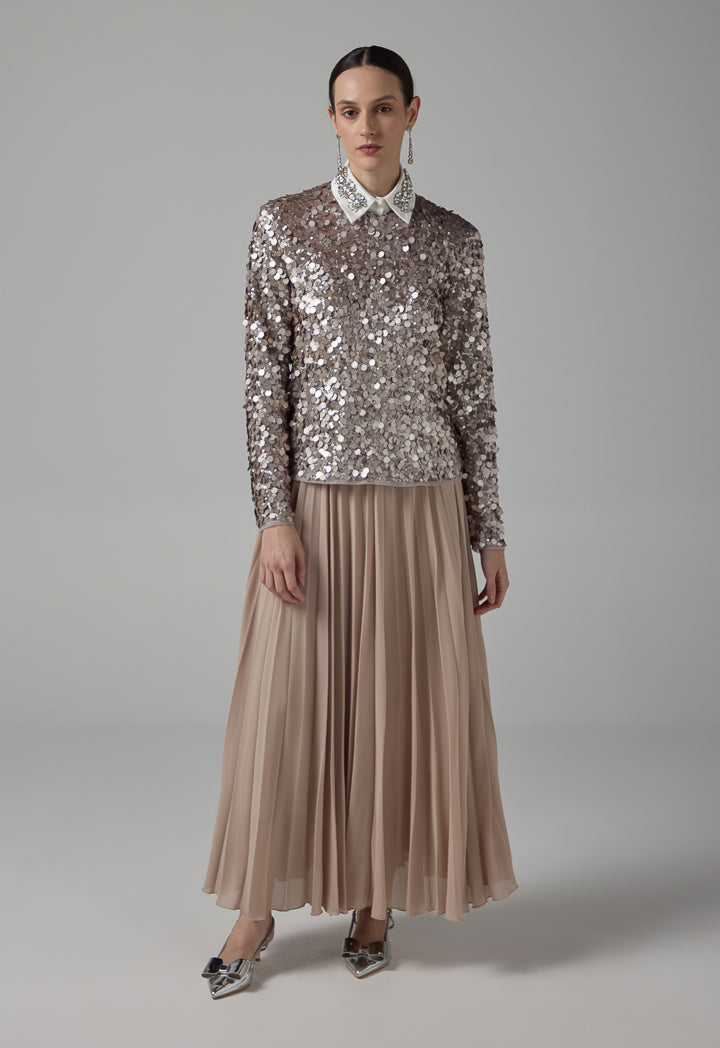 Choice Sequin Long Sleeve Blouse  Sand