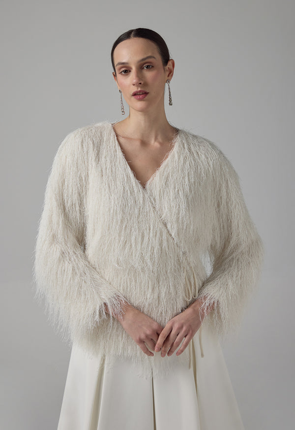 Choice Basic Fringe Long Sleeve Kimono Off White