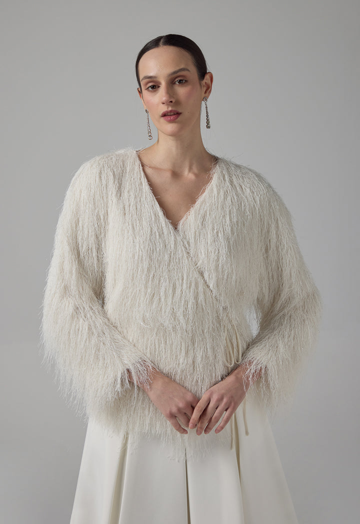 Choice Basic Fringe Long Sleeve Kimono Off White