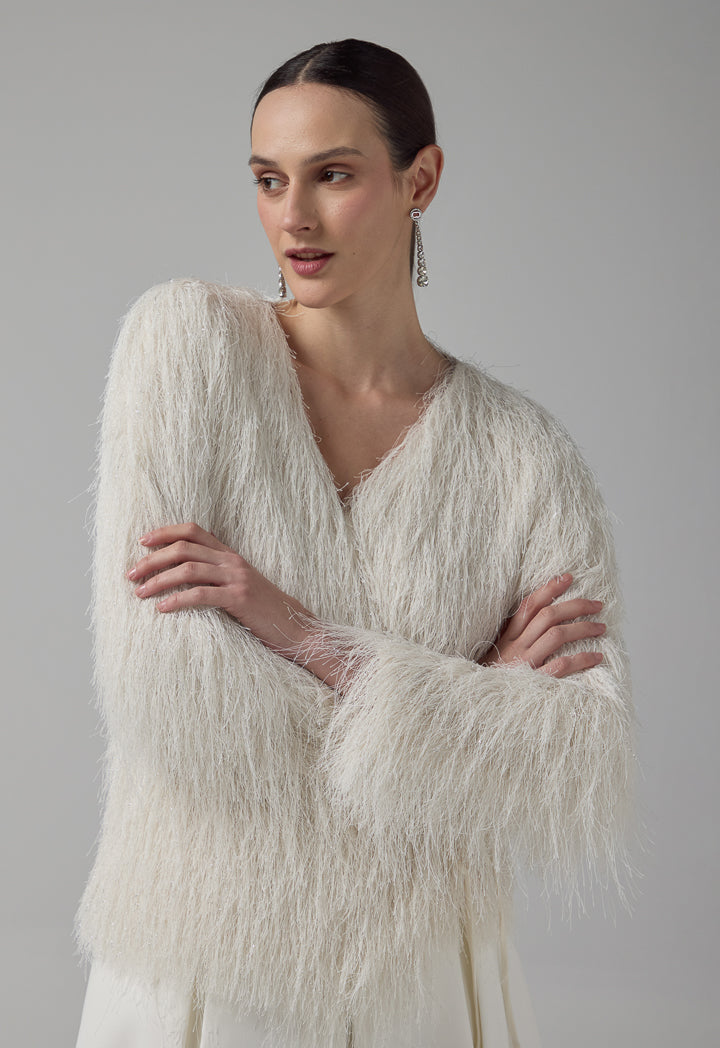 Choice Basic Fringe Long Sleeve Kimono Off White