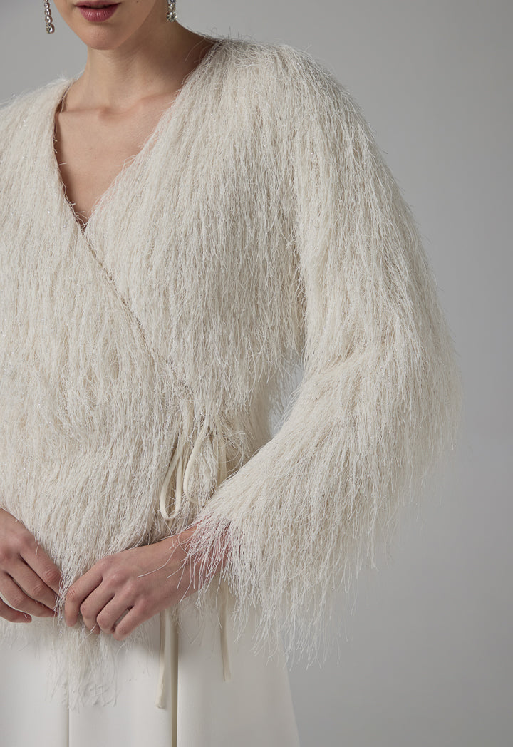 Choice Basic Fringe Long Sleeve Kimono Off White