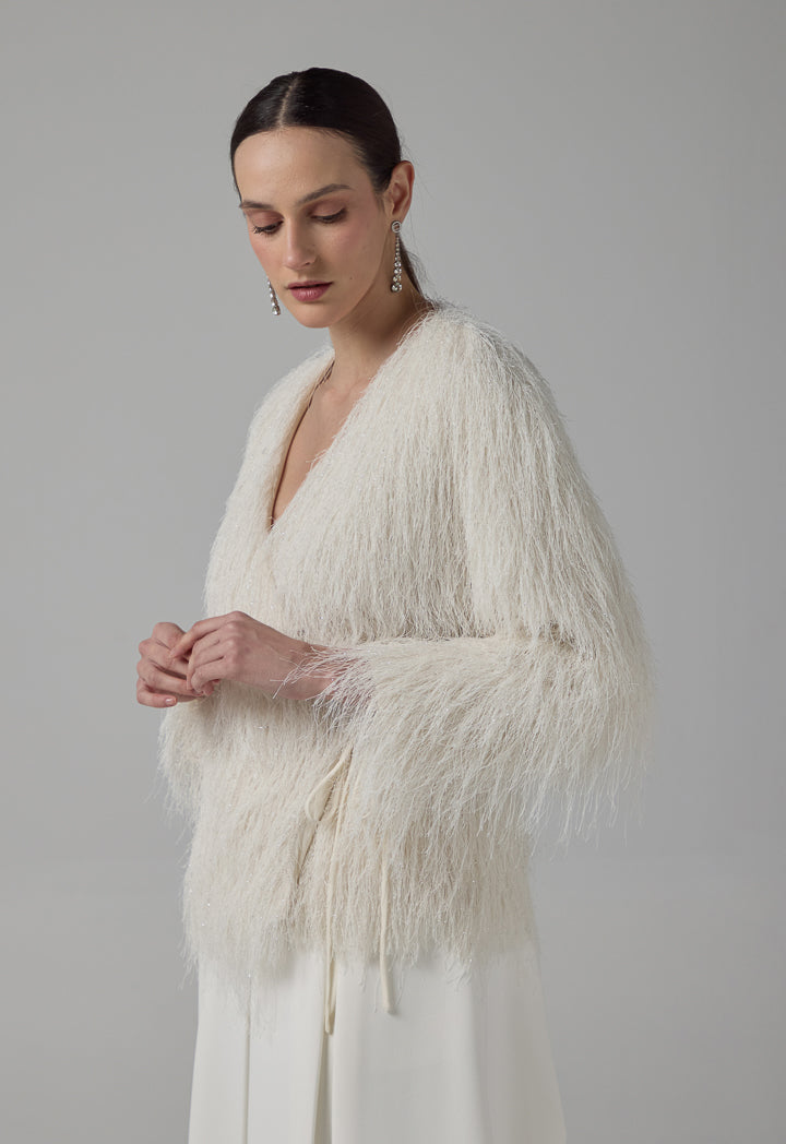Choice Basic Fringe Long Sleeve Kimono Off White