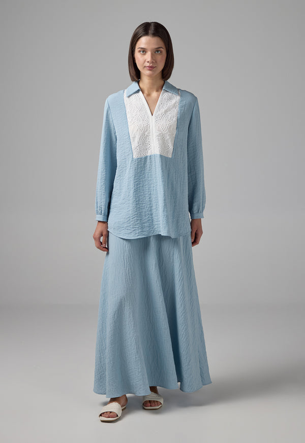 Choice Crinkled Lace Embellished V-Neck Blouse Blue