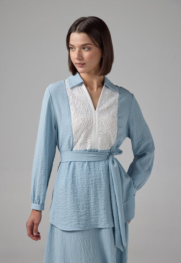 Choice Crinkled Lace Embellished V-Neck Blouse Blue