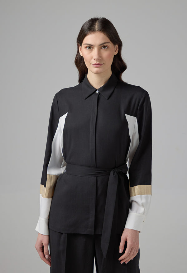 Choice Color Block Relaxed Fit Belted Shirt Black