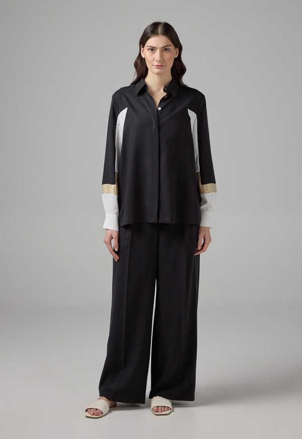 Choice Color Block Relaxed Fit Belted Shirt Black