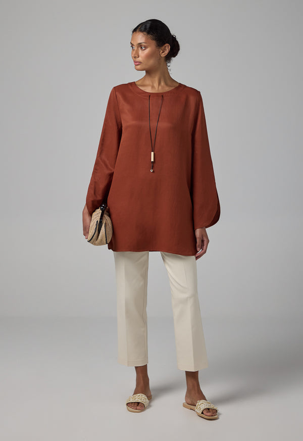 Choice Basic Flared Blouse With Attached Necklace Brown