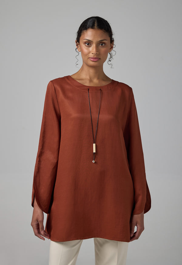 Choice Basic Flared Blouse With Attached Necklace Brown