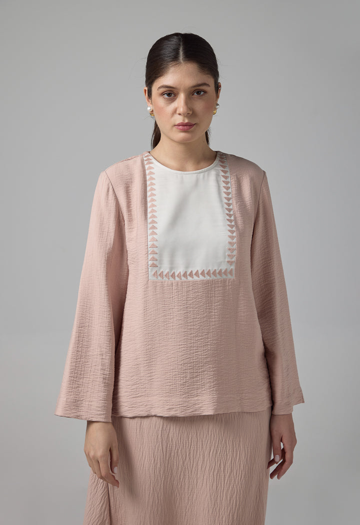 Choice Contrast Blouse With Geometric Embroidered   Blush