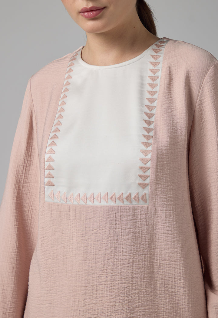 Choice Contrast Blouse With Geometric Embroidered   Blush