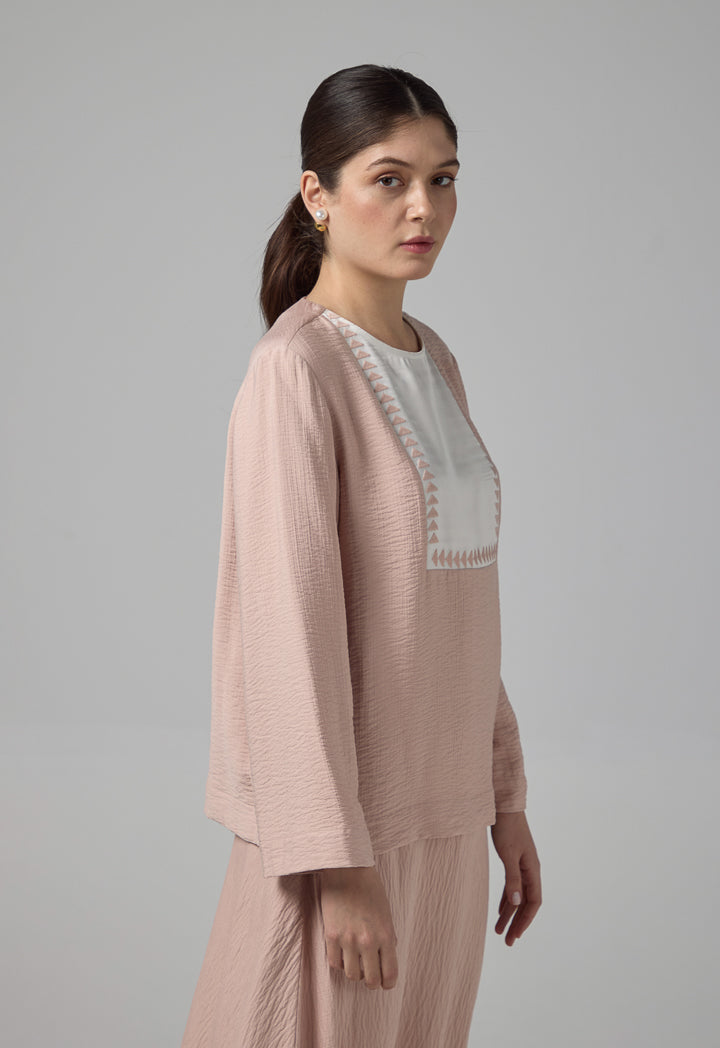 Choice Contrast Blouse With Geometric Embroidered   Blush
