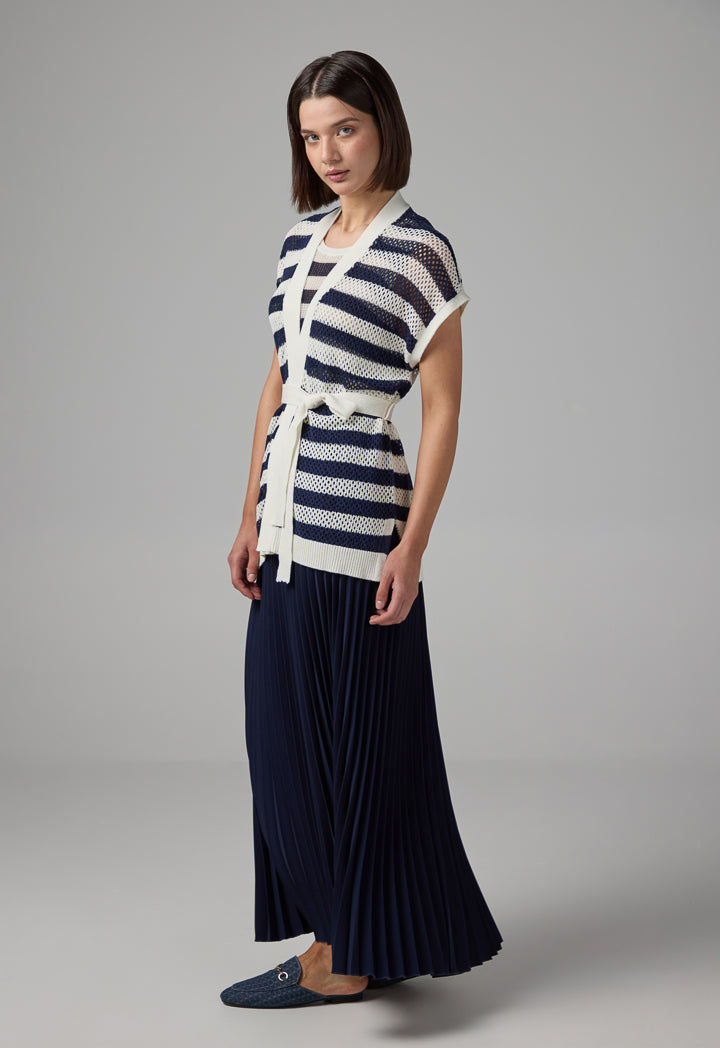 Choice Knitted Sleeveless Belted Cardigan Navy-White