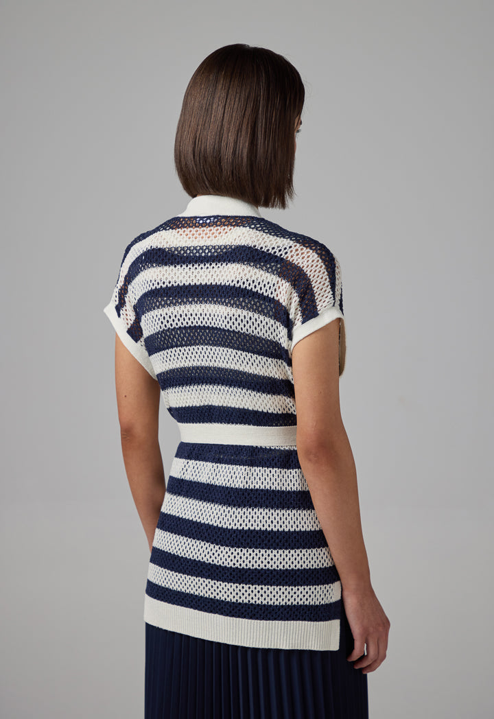Choice Knitted Sleeveless Belted Cardigan Navy-White
