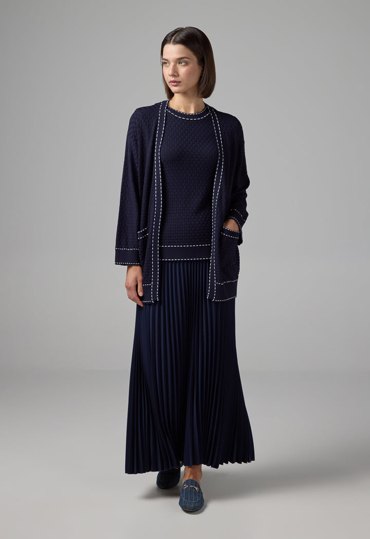 Choice Contrast Knitted Belted Cardigan Navy
