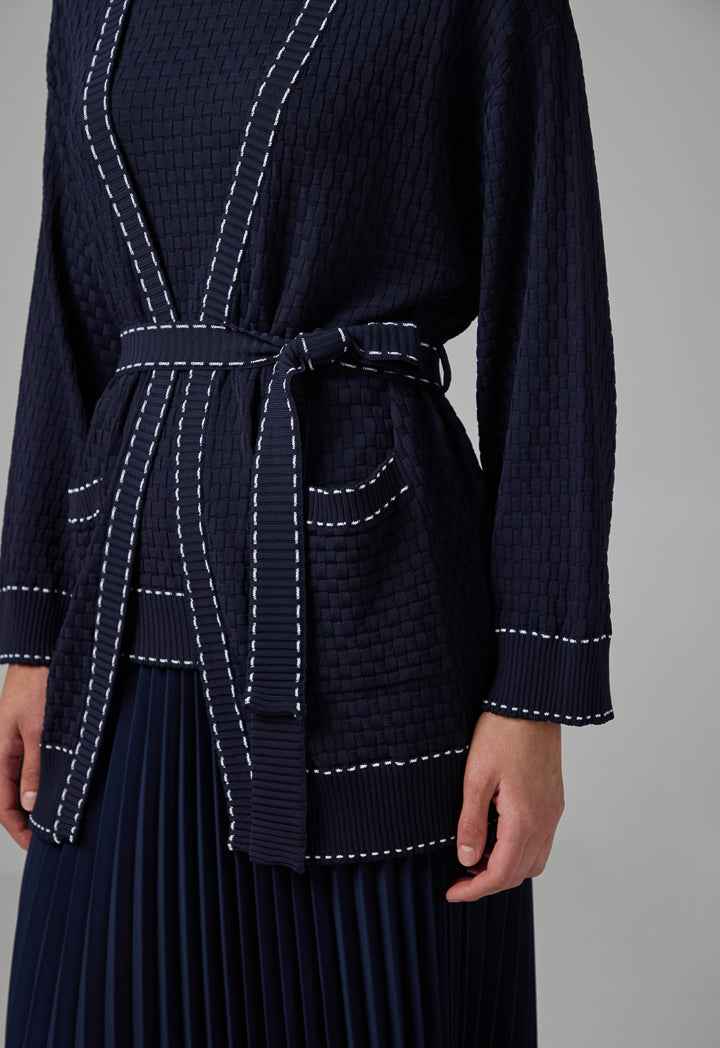 Choice Contrast Knitted Belted Cardigan Navy
