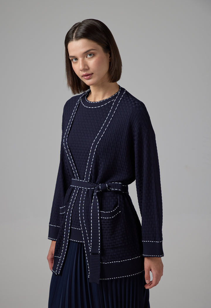 Choice Contrast Knitted Belted Cardigan Navy