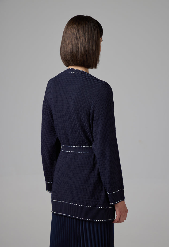 Choice Contrast Knitted Belted Cardigan Navy