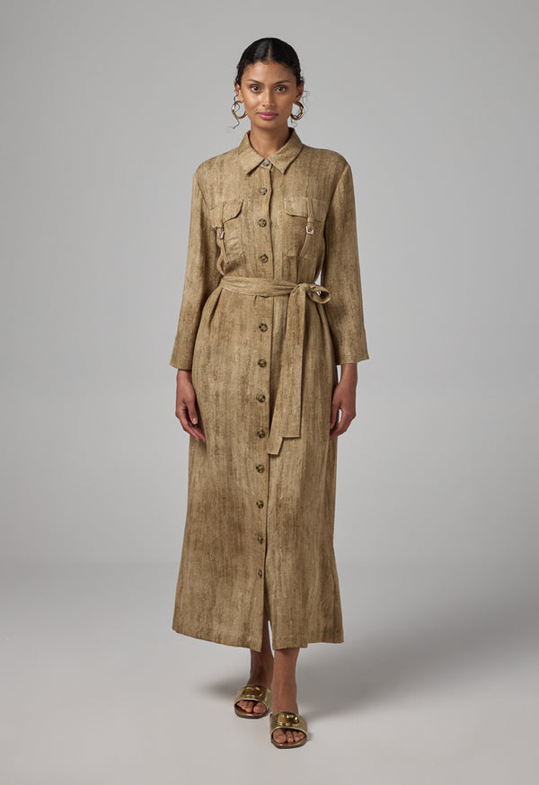 Choice Front Pockets Belted Shirt Dress Brown