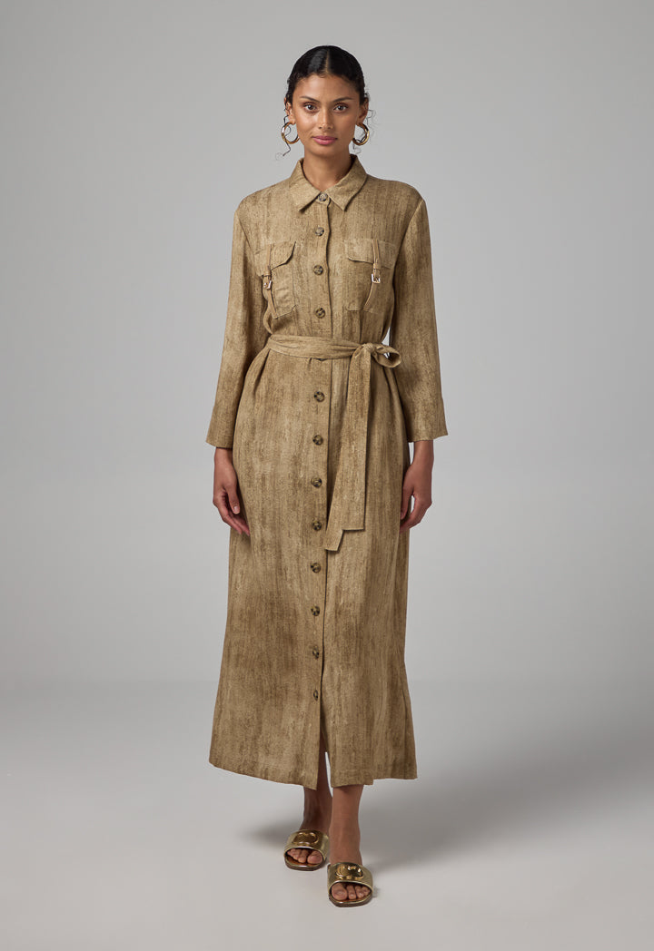 Choice Front Pockets Belted Shirt Dress Brown
