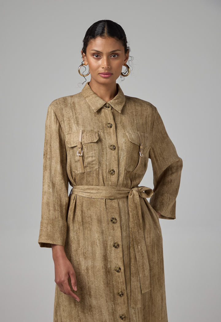 Choice Front Pockets Belted Shirt Dress Brown