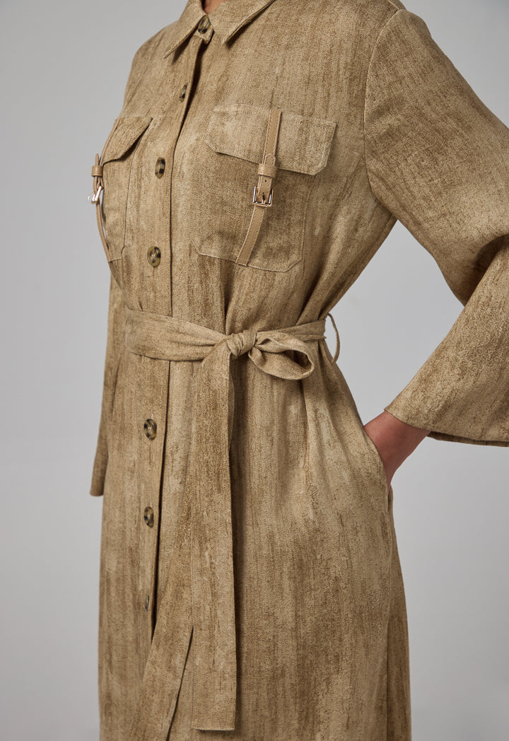 Choice Front Pockets Belted Shirt Dress Brown
