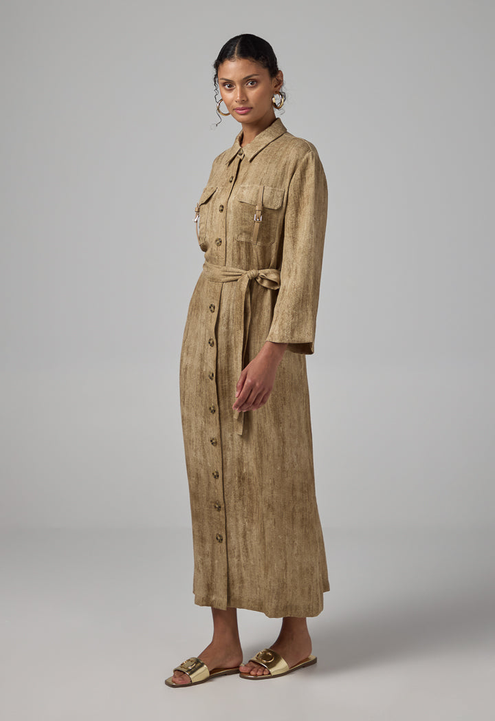 Choice Front Pockets Belted Shirt Dress Brown
