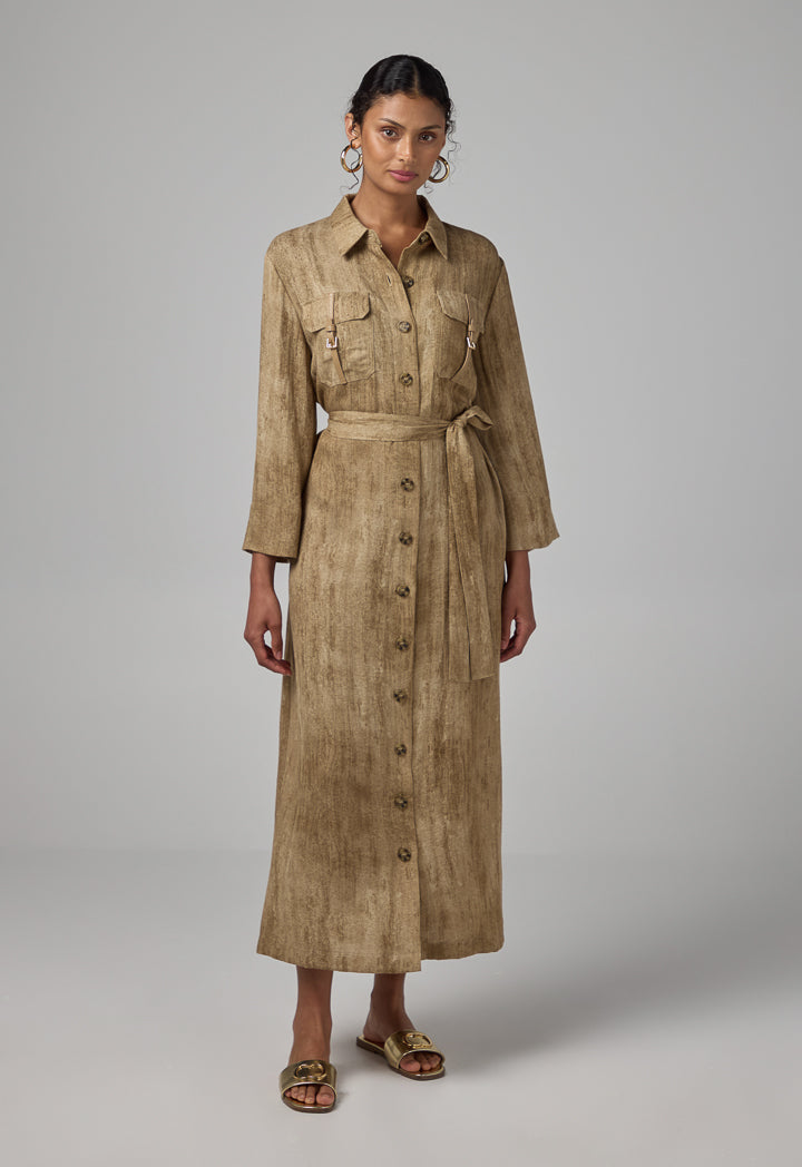 Choice Front Pockets Belted Shirt Dress Brown
