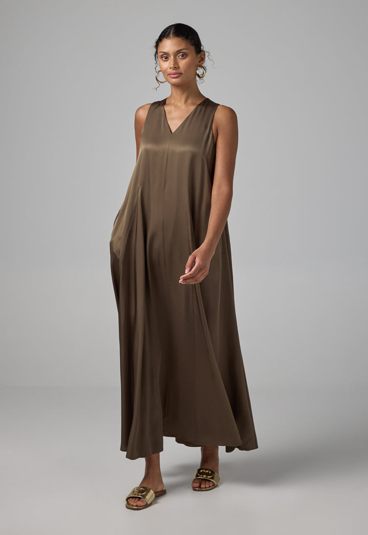 Choice Solid Sleeveless V-Neck Dress Khaki