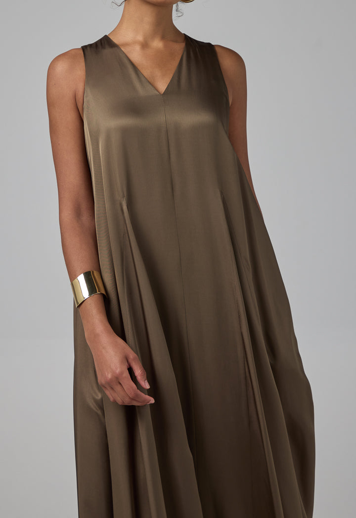 Choice Solid Sleeveless V-Neck Dress Khaki