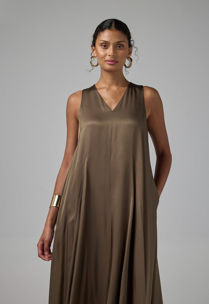 Choice Solid Sleeveless V-Neck Dress Khaki