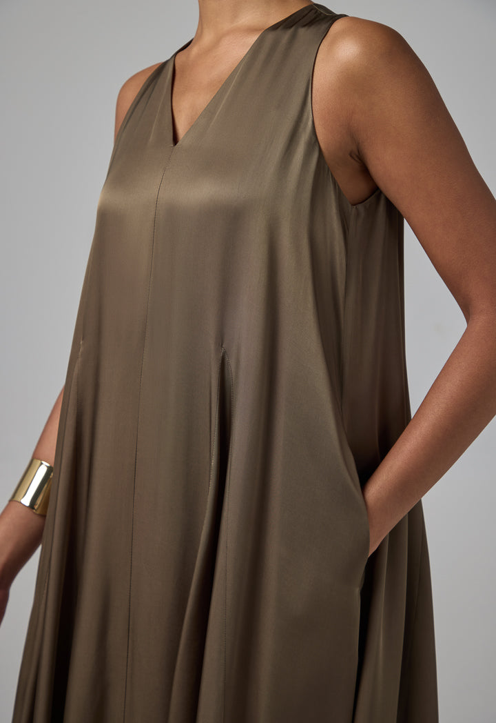 Choice Solid Sleeveless V-Neck Dress Khaki