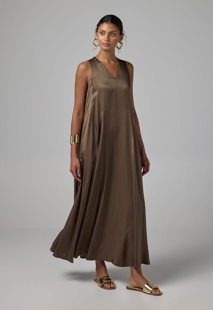 Choice Solid Sleeveless V-Neck Dress Khaki