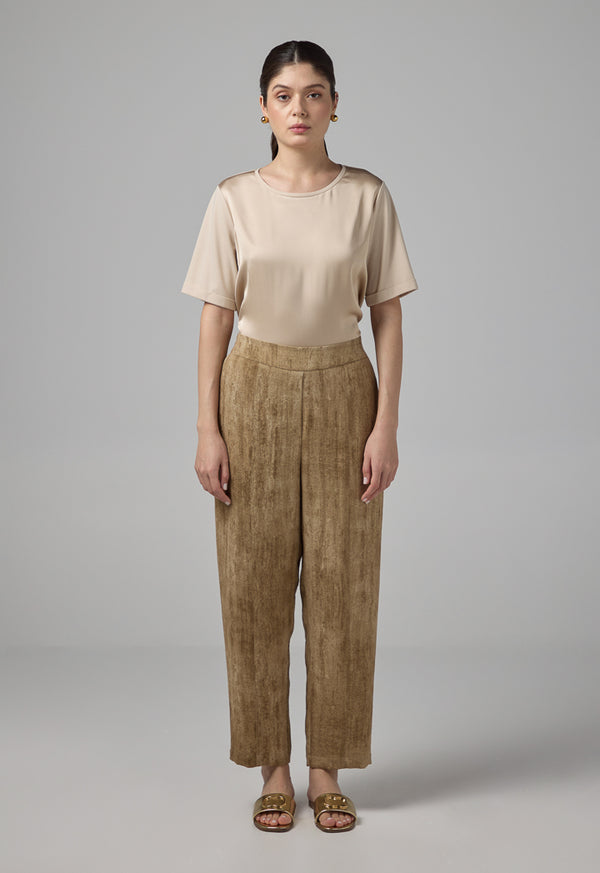 Choice Elastic Waist Straight Cut Trousers Brown